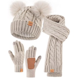 Winter Hat Scarf Glove Set for Women, Warm Fleece Lined Womens Beanie Hat with Double Pom Pom, Gloves with Touchscreen Fingers, Knit Scarf Neck Warmer for Cold Weather-Oatmeal