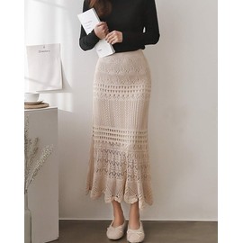 chouyatou Women's Stretched High Waist Crochet Hollow Out Knit Flowy Patterned Lace Maxi Skirt (Medium, Beige)