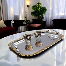 MARO MEGASTORE 13.8 inch x 9.4 inch Oblong Chrome Plated Mirror Silver Serving Tray with Handles Stylish Design Floral Engraved Iron Gold Edge Decorative Party Birthday Buffet Platter Plate FST-023