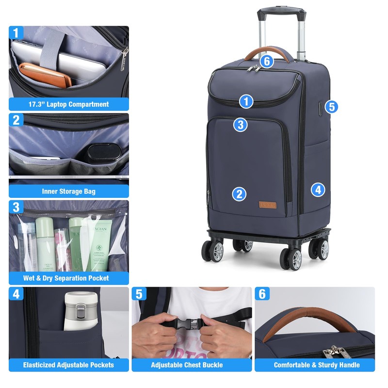 Lekebobor Travel Rolling Backpack, 18 inch Waterproof Backpack with 360°