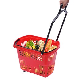 GDAE10 MX-8 35L 6PCS Red Plastic Rolling Shopping Basket, Supermarket & Retail Store Cart with Wheels and Handle