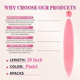 Pink Braiding Hair Pre Stretched 20 Inch 8 Packs Pre Stretched Braiding Hair For Braiding For Braids Hot Water Setting Soft Yaki Texture Easy To Twist(20Inch,Pink)