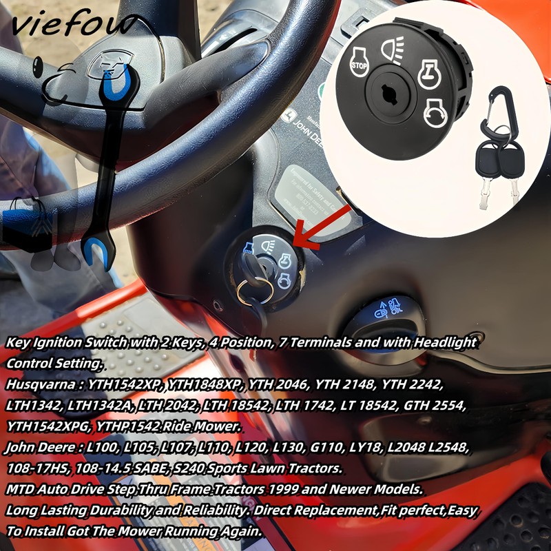 Ignition Switch with 2 Key 4 Position 7 Terminals Replace