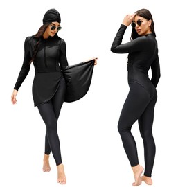 FYMNSI Women Modest Burkini Swimsuits Muslim Swimwear Full Body Islamic Swim Tops Pants Hijab 4 Piece Rash Guard S-XL, Black, X-Large