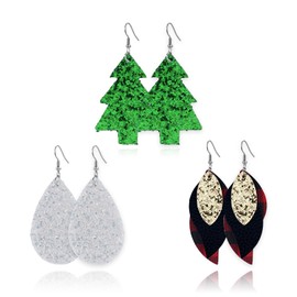 LKingel 3 Pairs Christmas Leather Earrings for Women Lightweight Teardrop Christmas Tree Moose Snowflake Dangle Earrings Bulk Christmas Xmas Party Jewelry Accessory (style4)