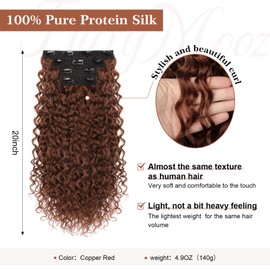 Clip in Hair Extensions, FLUFYMOOZ 4PC 100％ Pure Protein Silk Hair Extensions Long Soft Natural Hairpiece 20 Inch Curly Hair Extension for Women (Copper Red)