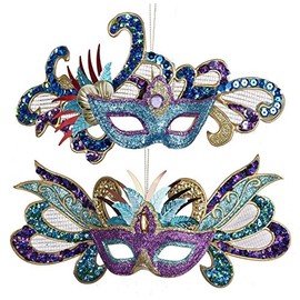 Carnival Mardi Gras Masks Glitter Christmas Holiday Ornaments Set of 2