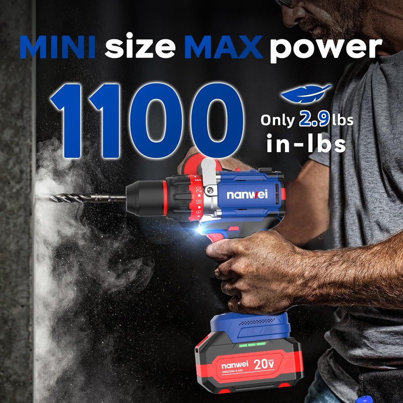NANWEI Hammer Drill,1100 in-lbs, 26000BPM, 2x4.0Ah Batteries, Brushless