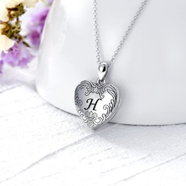 SOULMEET 18K White Gold Plated Silver Cameo Initial Heart Locket Necklace That Holds Pictures Photo Locket Necklace Alphabet H (Locket only),Gift for Women Girls