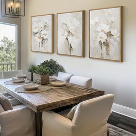 Anyzal Framed Beige Floral Wall Art Neutral Flower Wall Decor for Living Room Bedroom Dining Room 16x24 Inch Set of 3