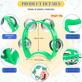 Lukmaa 12 Pcs Plastic Percussion Tambourine with 4 Bells Rhythm Musical Instruments for Adults Hand Tambourine Hand Held Percussion Drum for Party Kindergarten Family School Supplies (Green)