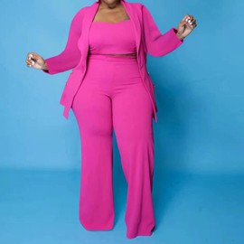 Women's Plus Size Two Piece Open Front Long Sleeve Blazer and Elastic Waist Solid Pant Set Suit Pink 2X