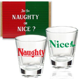 2 Shot Glasses - Christmas Naughty & Nice Novelty Glass Set - 1.5 oz Green Red Fun Gift Wrapped Boxed - Unique Fun Funny Gag Present For Him Her - Liquor Drinking Game