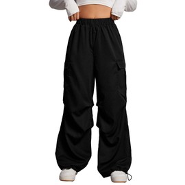 WDIRARA Women's Cargo Pants Flap Pockets Baggy Side Drawstring Adjustable Elastic High Waisted Y2k Street Cargo Pants Petite L Black