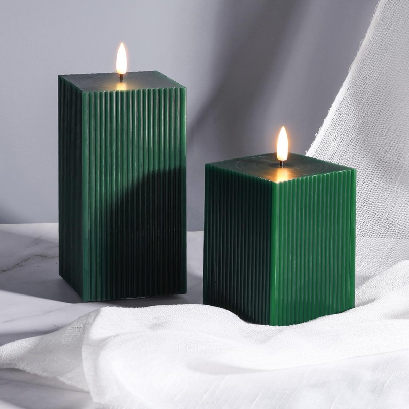 Girimax Dark Green Ribbed Flameless Candles with Remote, Battery Operated