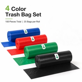 6 Gallon Flat Bottom Flat Mouth Trash Bags, Heavy Duty Unscented Garbage Bags, 4 Color Assorted (Black Green Blue Red) for Kitchen Bathroom Office Small Wastebasket, 100 Count