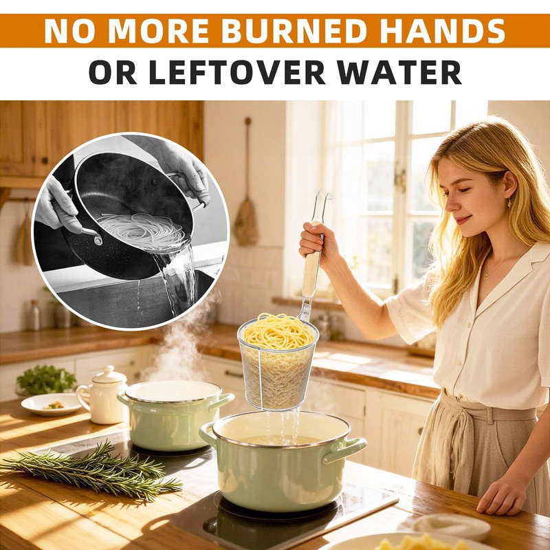 2 Pack Pasta Strainer Baskets with Wooden Handles & Cooking