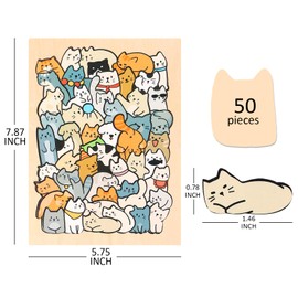 LALASTYLE Cats Wooden Puzzle,50PCS Unique Cat-Shaped Wooden Jigsaw,Cats Ornament Wood Puzzles,IQ Puzzle Challenging Brain Teaser & Home Decor Gift