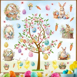 Happy Easter Decals Vintage Bunny Wall Decorations Easter Window Decals Peel and Stick Spring Flowers Tree Wall Stickers Easter Egg Stickers for Home Party Supplies Living Room Nursery Kids Room Decor