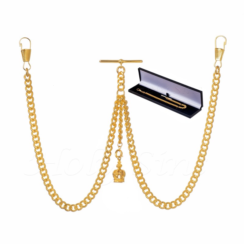 Gold Colour Double Albert Pocket Watch Chain With Crown Pendant