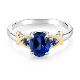 Gem Stone King 925 Sterling Silver and 10K Yellow Gold Blue Created Sapphire Ring For Women (1.69 Cttw, Oval 8X6MM, Available In Size 5, 6, 7, 8, 9)