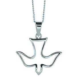 Open, Descending Dove in High Gloss Finish Sterling Silver 18-Inch Pendant Necklace