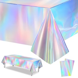 LHLZNB 54 x 108 Inch Iridescent Plastic Tablecloths Rainbow Laser Table Covers, Shiny Table Cloth Holographic Foil for Outdoor Picnic Wedding Birthday Party Table Decorations (2)
