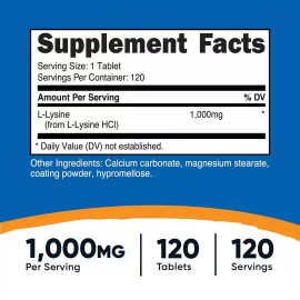 Nutricost L-Lysine 1000mg, 120 Tablets - GF, Non-GMO EXP 03/2027