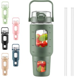 BLUEGO 40 oz Glass Water Bottles with Straw Time Marker, Glass Tumbler with Handle Top Lids, Easy to Clean, Fits in Car Cup Holder, Leakproof Jug for Gym, Sports, Workout & Daily, 02 Olive