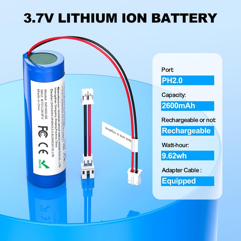 3.7 Volt Rechargeable Battery with PH2.0 Plug, for Speakers, Toys,