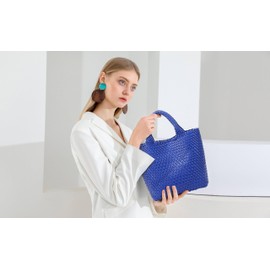 Woven Bag for Women, Vegan Leather Tote Bag Large Summer Beach Travel Handbag and Purse Retro Handmade Shoulder Bag (Navy Blue)