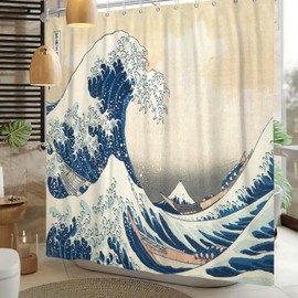 Xiaoterna Traditional Japanese Painting Shower Curtain Japanese Ocean Waves Bathroom Curtain Abstract Sea Wave Wooden Boat Shower Curtain Washable Waterproof Fabric Bathroom Decoration 105x160cm