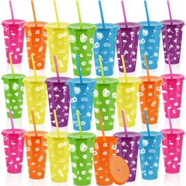 Kochorie 24 Pieces 24 oz Hawaiian Party Cups Luau Tumbler Cups with Straw and Lid 6 Design Reusable Plastic Travel Mug Cup for Hawaiia Party Favors, Luau Party, Tiki Party