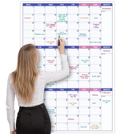 Wall Planner Undated - Large Three Monthly Dry Erase Reusable Wall Planner, Laminated Poster - Purple, Includes 8 Stickers, Plan for Home Office Work, 101 cm X 73 cm