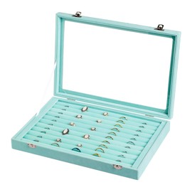 Frebeauty Rings/Earrings Organizer Tray with Clear Lid 10 Slots Velvet Drawer Insert Jewelry Storage box Transparent Glass lid Jewelry Display Case Showcase Gift for Girls Women (Turquoise, 10 Slots)
