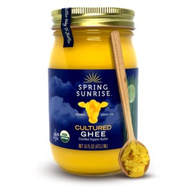 Spring Sunrise Grass Fed Organic Cultured Ghee - USDA Certified Clarified Butter - Keto & Paleo Friendly, Non-GMO, Gluten & Lactose Free Cooking Oil - Sustainably Sourced, 16 oz Jar