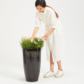 Worth Garden 23.5" H. Large Plastic Planters - Set of 2 Gradient Black Glossy Smooth Finish - Tall Plant Pots for Indoor & Outdoor Use - Decorative Lightweight Flower Pots for Front Porch, Patio, Deck