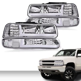 PIT66 LED DRL Headlight Assembly Compatible with 1999-2002 Chevy Silverado / 2000-2006 Tahoe Suburban Headlamp w/Bumper Lights Clear Lens Chrome Housing Clear Reflector