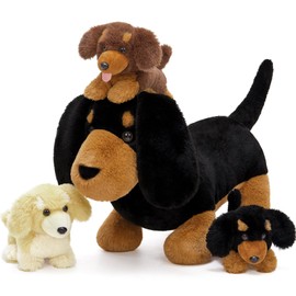 Tezituor Black Dachshund Stuffed Animal with 3 Babies,17.7 Inches Weiner Dog Plush Toy Puppy Stuffed Animal Sausage Dog Plushie Birthday for Kids Girls Boys