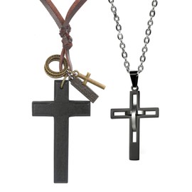 Aroncent Men's 316L Stainless Steel Simple Black Cross Pendant Lord's Prayer Necklace and Wood Cross Crucifix on Cord