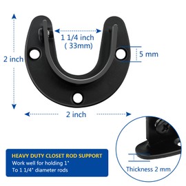 Closet Rod Bracket, (20 Pack) Heavy Duty Closet Rod Support Black Stainless Steel Closet Shower Rod Holders 1 1/4 Inch Closet Pole Holder Sockets U Shaped Wardrobe Brackets Flange Rod Holder End Caps
