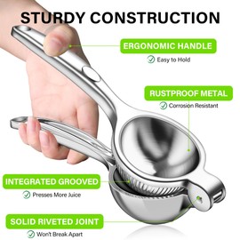 Vakoo Lemon Squeezer - Large, Heavy-Duty, Sturdy Metal Manual Juicer for Lemon, Lime & Citrus, Hand Press for Maximum Juice Extraction - Large, Silver