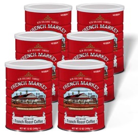 French Market Coffee, French Roast, Medium-Dark Roast Ground Coffee, 12 Ounce Metal Can (Pack of 6)