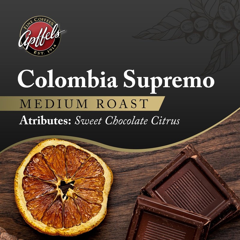 Apffels Colombian Supremo - Whole Bean, Medium Roast, 100% Arabica