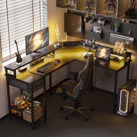 CubiCubi 59 Inch L Shaped Desk with USB Charging Ports and LED Lights, Corner Computer Desk with Drawer and Storage Shelf, Home Office Desks with Monitor Stand and Power Outlets, Black