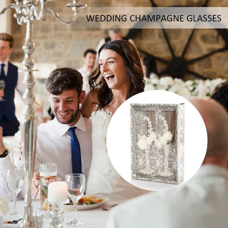 Bride Groom Champagne Glasses - Wedding Glasses with White Lace