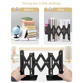 Honagu Adjustable Bookends, Metal Book Ends for Shelves Heavy Book, Desk Magazine File Organizer for Home, Office, Books, Papers, Extends up to 19 inches with Pen Holder (Black)