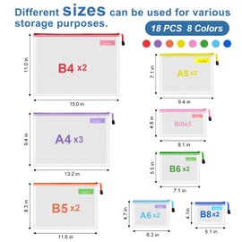 VVCOIIROEI 18pcs Mesh Zipper Pouch Bags, Mesh Bags with Zipper, 8 Sizes Zipper Pouch - Plastic Zipper Pouches, 8 Colors Zipper Bags, Multipurpose Zipper Pouches for Organization, Board Game Storage
