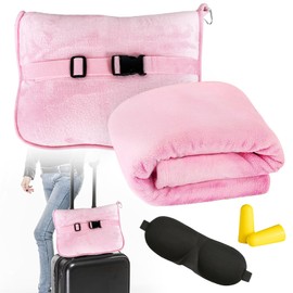 HOSPAOP Travel Blanket Aeroplane, Travel Pillow Blanket 2 in 1, Portable Aeroplane Blanket (127 x 152 cm) with Sleeping Mask and Ear Plugs, Travel Pillow for Train, Plane, Car, Camping, Pink