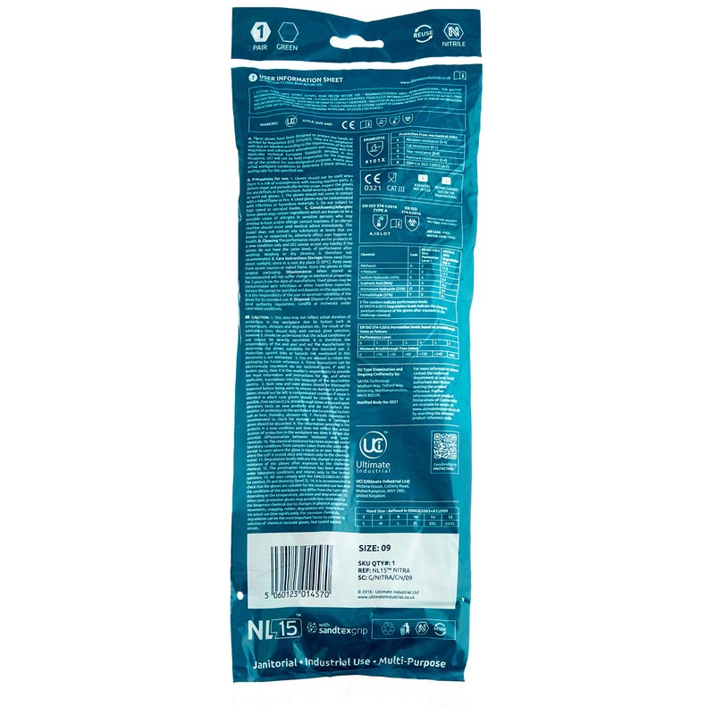 Ultimate Industrial NL15 Lightweight Nitrile Gauntlets, 9/Large, Green